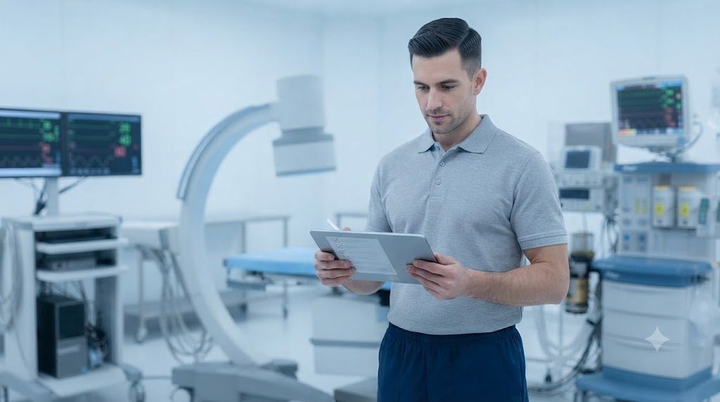 Techniker prüft Prüfintervalle medizinischer Geräte